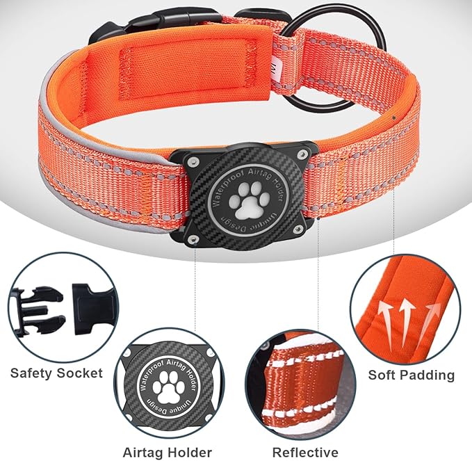 Airtag Dog Collar with Waterproof Air Tag Holder, Luminous Reflective, Soft Padded, Adjustable Nylon Pet Collar for Small Medium Large Heavy Duty Dogs,Orange, M