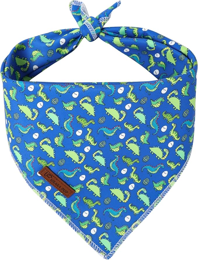 Summer Dog Bandana, UP URARA PUP Dinosaur Triangle Bid Scarf for Medium Large Dogs, Cotton Kerchief for Girl Boy Puppies, Cute Summer BlueBandana,S