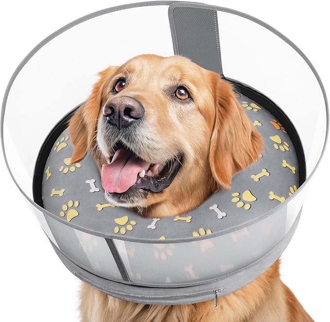 Inflatable Dog Cone with Anti-Licking Clear Shield, Protective Dog Donut Collar After Surgery, Adjustable Soft Recovery Cone for Pets, Alternative Collar with Buckle Strap (Grey Paw, S)