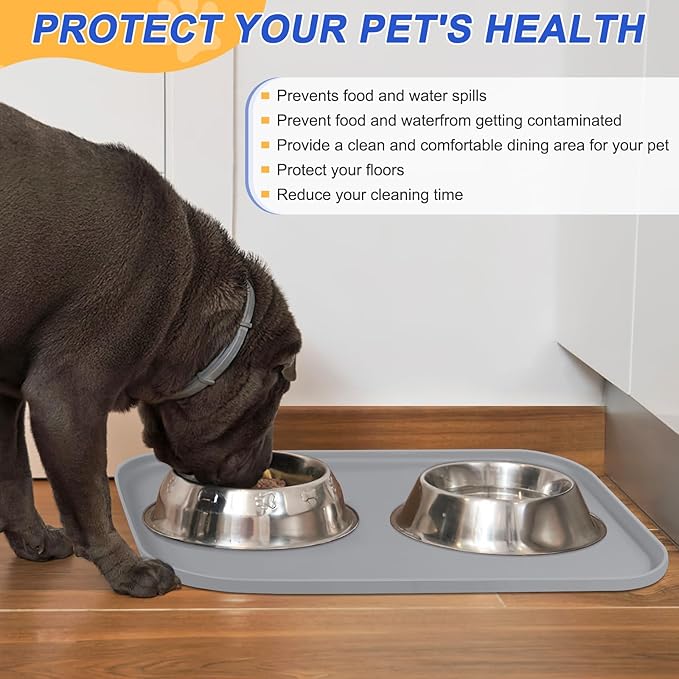 Silicone Pet Feeding Mat with Raised Edge for Food and Water, Dog Bowl Mats, Cat Bowls Placemat with High Lip for Floor Waterproof, Rubber Tray for Cats and Dogs 22 x 14 x0.8 Light Gray