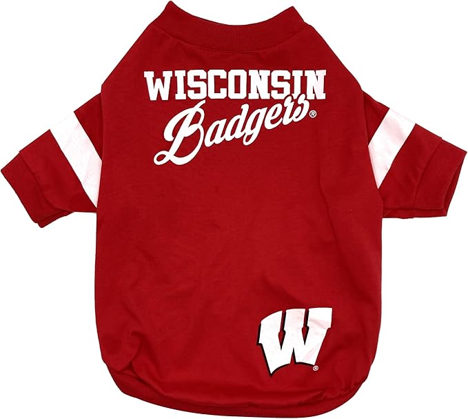 Pets First NCAA Wisconsin Badgers T-Shirt for Dogs & Cats. Size Large. Football/BASKTBALL Dog Shirt for College NCAA Team Fans. New & Updated Fashionable Stripe Design, Durable & Cute SP