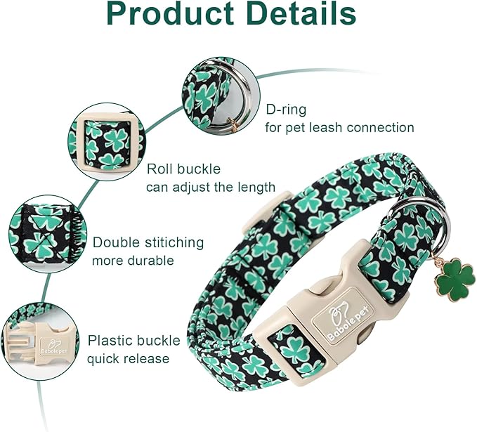 St Patricks Day Dog Collar for Large Dogs - Green Lucky Shamrock Boy Dog Collars, Irish Clover Pattern Black Male Puppy Collar with Quick Release Buckle L