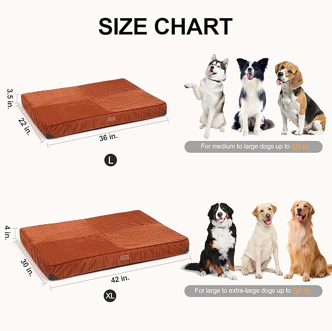 FUKUMARU Dog Bed, Thickened Corduroy Orthopedic Dog Beds with Washable Cover, Large Waterproof Dogs Bed for Crate, 28D Egg Crate Foam Support Pet Mat, Cozy Pet Bed Pad with Anti-Slip Bottom, Orange