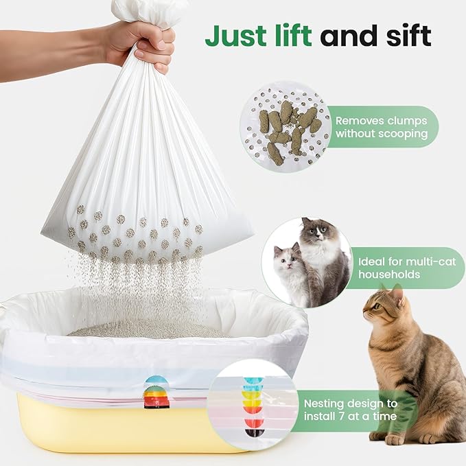 Sifting litter bags with 7-Day Litter System, Heavy Duty Thickened litter liners, 37x18 Inch (28 Pack) For Most Litter Boxes and Cat Supplies