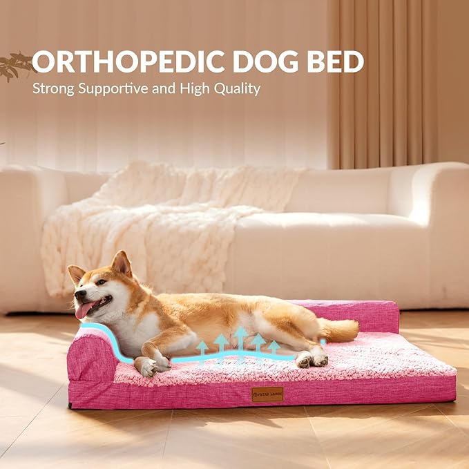 Patas Lague Orthopedic Dog Bed Medium Size Dog 30''X20'', Waterproof L Bolster Medium Pet Sofa Beds with Removable Washable Cover, Soft Comfortable Pet Couch Crate Mat with Nonskid Bottom, Pink