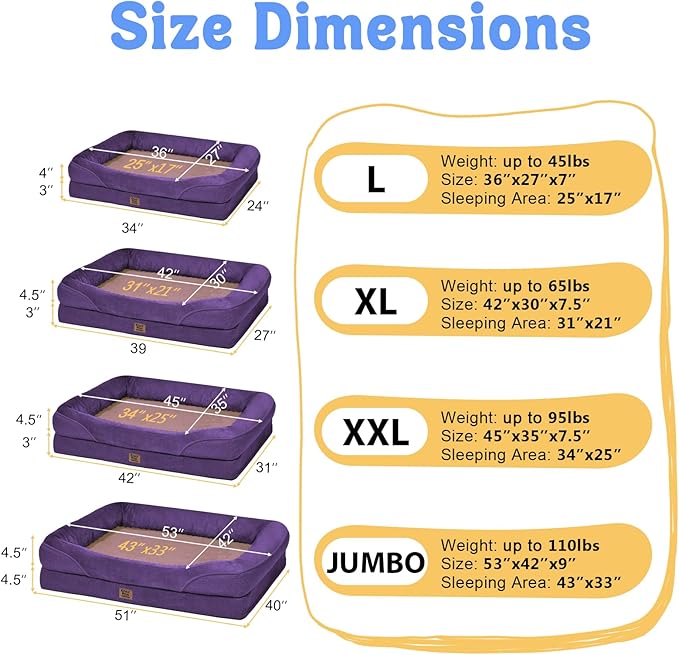 Orthopedic Dog Bed -XL Large Dog Beds with Washable Cover and Removable Bolsters Non-Slip Bottom & Waterproof Memory Foam Pet Couch Sofa for Large Size Dogs