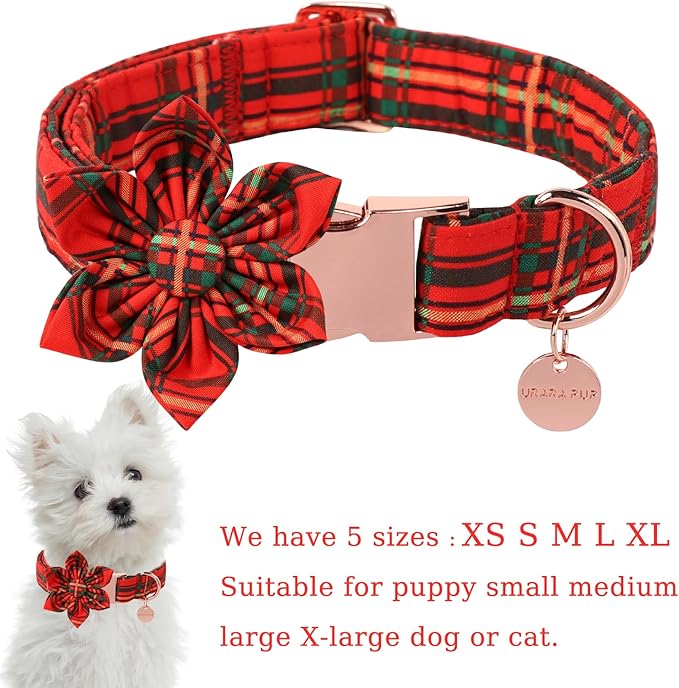 Christmas Dog Collar with Flower, Cotton Christmas Plaid Collar for Medium Girl Boy Dog,Red &Green Plaid Dog Collar Bowtie with Durable Metal Buckle,Adorable Pet Collar, XS, Neck 8-12in