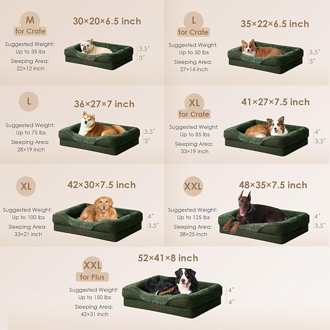 EHEYCIGA Orthopedic Dog Bed for Medium Dog, 35x22x6.5 Inch Memory Foam Dog Couch Bed with Sides, Waterproof Liner & Washable Removable Cover, Bolster Pet Sofa, Dark Green