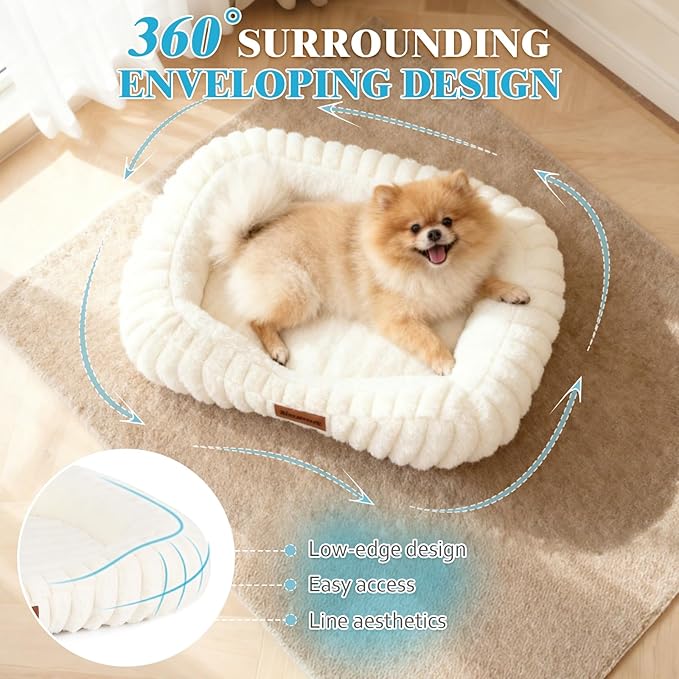 Dog Bed for Small & Medium Dogs – Calming Furry Puppy Bed with Washable Removable Cover, Anti-Slip Bottom & Orthopedic Support Foam, Rectangle Pet Cuddler for Indoor Cats/Dogs, 25"x21"x4", Cream
