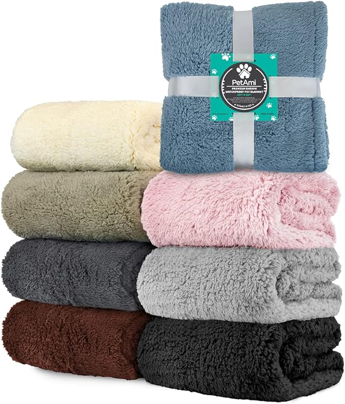 PetAmi Fluffy Waterproof Dog Blanket for Bed Large Dogs, Soft Warm Pet Sherpa Throw Pee Proof Couch Cover, Reversible Cat Blanket Sofa Crate Kennel Protector, Washable Mat Queen (Black, 90x90)