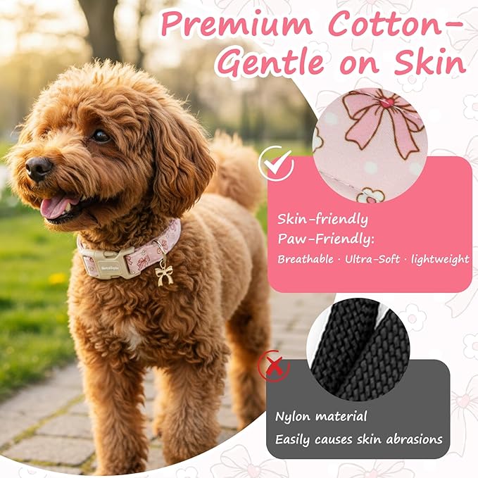 Pink Bow Dog Collar with Flower, Adjustable Cotton Puppy Collar, Cute Girl Boy Dog Collars for Small Medium Large Dogs, Ideal for Gifts,Pet Accessory,M