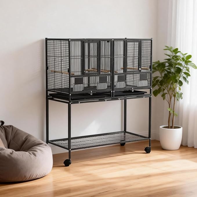 43'' Wrought Iron Birdcage with Detachable Rolling Stand & Feeder, Large Bird Cage with Secure Lock & Slide-Out Tray, Indoor Outdoor Bird Cage on Wheels,Parrot Cages for Parakeets, Pigeons, Black