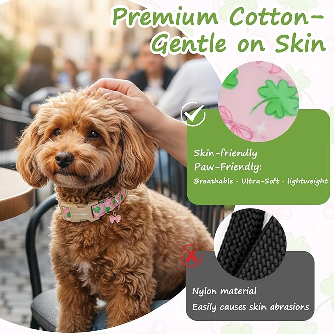 St. Patrick's Day Dog Collar,Pink Bow with Green Clover Puppy Collar,Adjustable Spring Cotton Collars Gifts for Small Medium Large Dogs,Dog Accessories XS