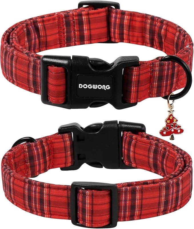 DOGWONG Christmas Plaid Dog Collar, Cute Adjustable Red Tartan Collar, Red Grid Dog Collar with Strong Plastic Buckle for Small Medium Large Dogs,S