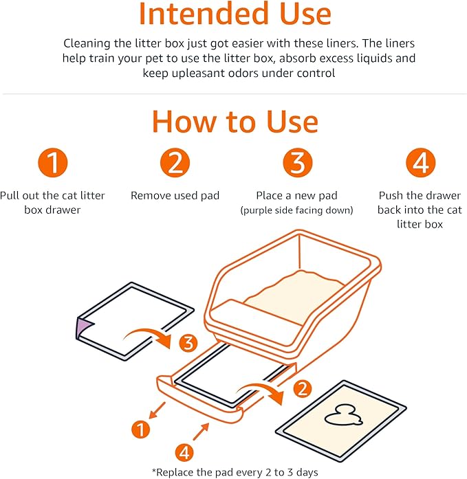 Amazon Basics Cat Pee Pads, Odor Control, Super Absorbent, Disposable, Universal Fit for Litter Box, Unscented, Multi-Cat, White/Purple, 80 Count