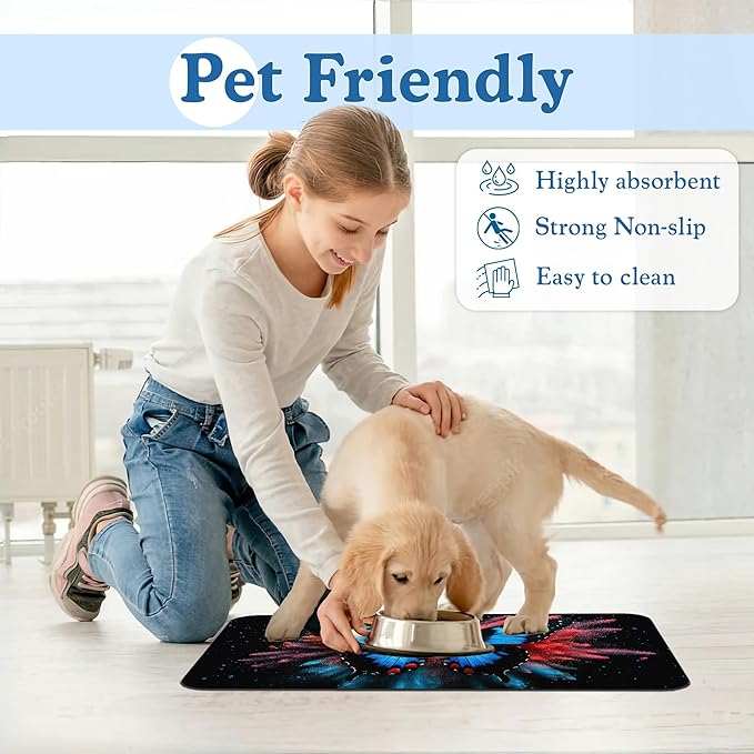 Blue Butterfly on Blooming Pet Feeding Mat– Christmas Stocking Quick Dry Absorbent Dog Cat Food Mat, Non Slip Waterproof Bowl Placemat for Messy Eaters, Pet Accessories for Floors 12"x20"