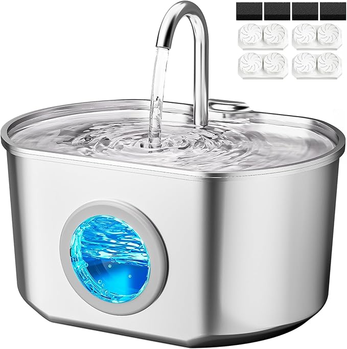 Cat Water Fountain Stainless Steel: 74oz/2.2L Cat Fountain for Drinking- Pet Water Fountain Inside - Automatic Dog Watering Dispenser Bowl - Pet Feeding & Watering Supplies (4 Filters)