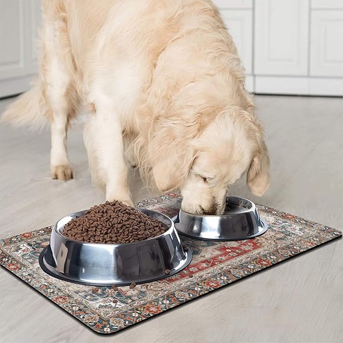 Dog Food Mats for Floors, Absorbent and Quick-Drying Pet Cat Food Mat,Anti-Fouling and Easy-to-Clean Pet Feeding Mat,Dog Bowl Mat for Messy Drinking Water Bowls.17 x27, Bohemia Style