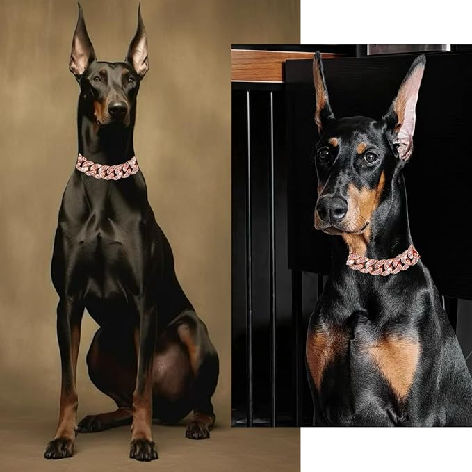 Dog Collar Cuban Link Rose Glod Crystal Dog Necklace Metal Chain Collar with Design Secure Buckle Pet Collar Jewelry Accessories for Small Medium Large Dogs Cats(Rose Glod 12inch)