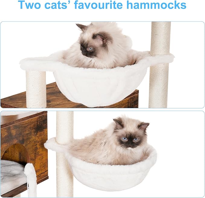 Hey-brother Cat Tree with Litter Box Enclosure, Modern Cat Tower for Indoor Cats with Large Platform, Condo Food Station and 2 Hammocks, All-in-one Cat Furniture, Wood Rustic Brown MPJ115SR