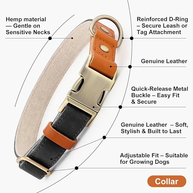 Plutus Pet Genuine Leather & Hemp Dog Collar – Adjustable Heavy Duty Pet Collar with Quick Release Metal Buckle, Soft & Stylish for Puppy and Small, Medium, Large Dogs (Black, L)