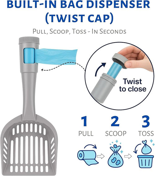 2-in-1 Pooper Scooper with Bag Attachment, Cat Litter Shovel Scoop with Bag, Built-in Dispenser, Includes Trash Roll, Rinse-Clean, Anti-Stick, Smart Sifter, Long Handle (Dark Gray)