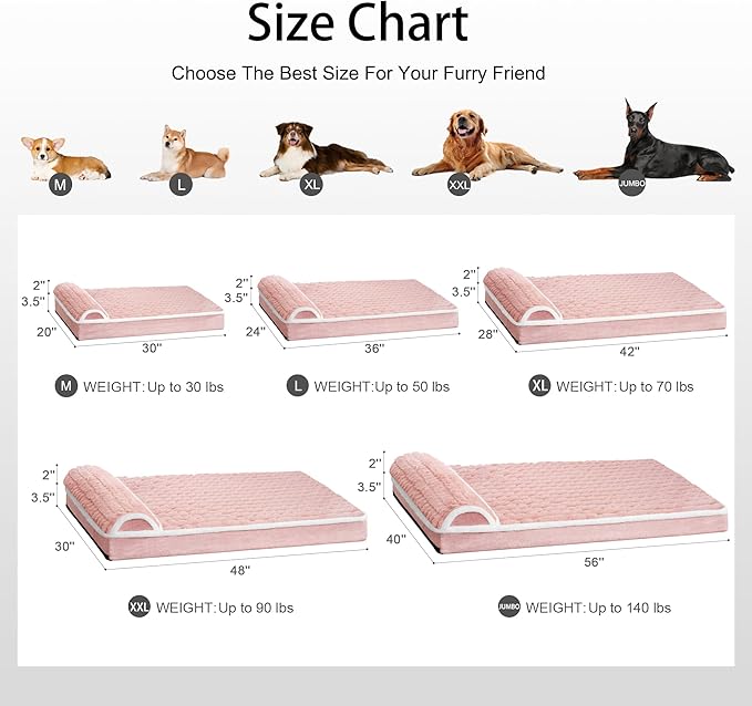 Orthopedic Dog Bed Medium Size Dog with Pillow 30''X20'', Waterproof Soft Comfortable Egg Crate Foam Pet Crate Beds Mat with Removable Washable Cover and Non-Slip Bottom, Pink