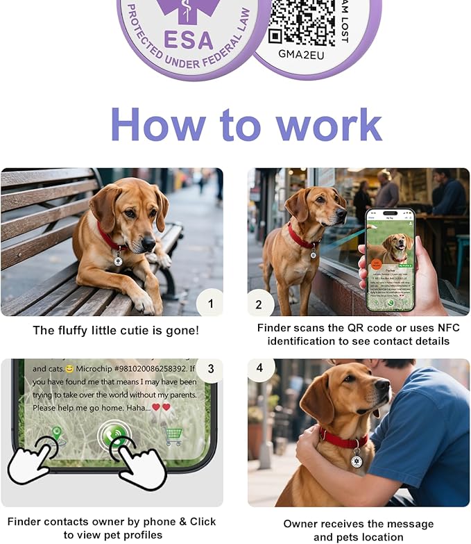ESA Dog Tag, QR Code Dog Tag, Modifiable Free Pet Online Profile, Scannable QR Code, Scan QR Send Instant Location Alert Email, Silicone Lightweight ID Tag for Dog and Cat (Purple, Regular)