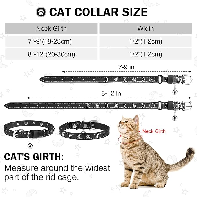 Leather Cat Collars for Boy Girl Cats with Bell and Safety Elastic Belt, Personalized Star and Moon Stud Adjustable Safe Buckle Collar for Kitty Small Big Cats Size 8-12 Inch, Black