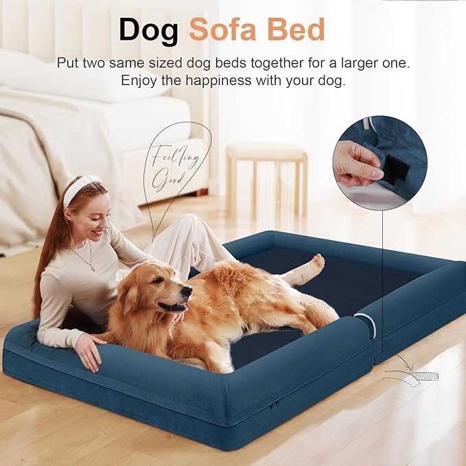 Large Dog Bed Orthopedic Washable: Jumbo Dog Bed Bolster Extra Large Dogs Egg Crate Foam Sofa Couch Waterproof Removable Cover - Navy