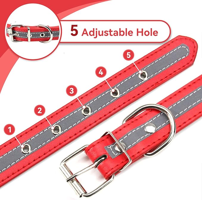 PETCARE Reflective Dog Collar with Cute Paw Rivet Studded Funny Soft PU Leather Adjustable Puppy Dog Collars for Small Medium Large Dogs Cats (Red,X-Large)