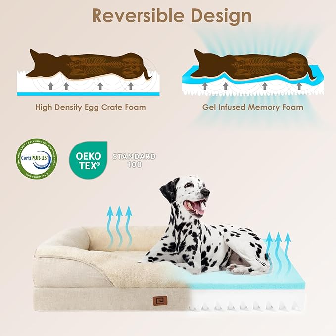 EHEYCIGA Orthopedic Dog Bed for Medium Dog, 30x20x6.5 Inch Memory Foam Dog Couch Bed with Sides, Waterproof Liner & Washable Removable Cover, Bolster Pet Sofa, Beige