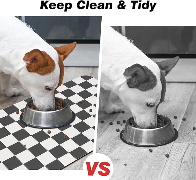 Checkered Dog Food Mat, Absorbent Leak-Proof Pet Feeding Mat, Quick Dry Cat Food Mat for Messy Drinkers 12" x 20" Black