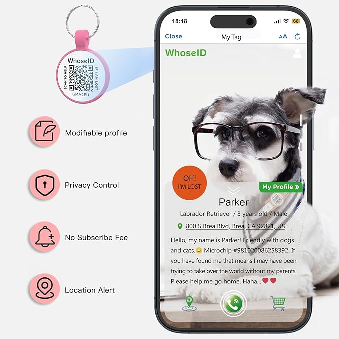 QR Code Dog Tag, QR Code Pet ID Tag, Dog ID Tag, Small Cat for Kitten and Puppy, Modifiable Free Online Profile, Scan QR Code Send Instant Location Alert Email (Rose, Regular)