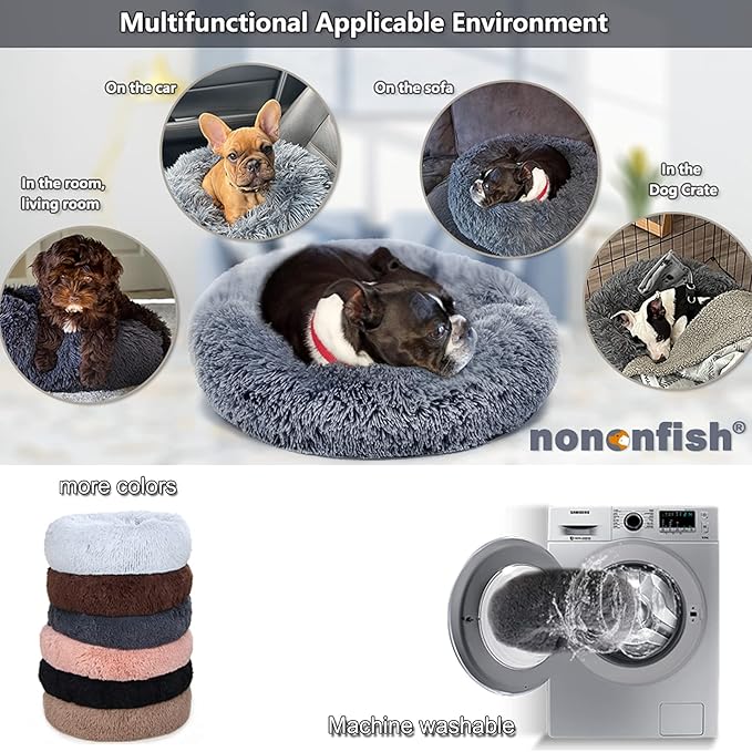 Small Calming Dogs Bed for Small Dogs Anti-Anxiety Machine Washable Fluffy Luxury Anti-Slip Waterproof Mute Base Warming Cozy Soft Pet Puppy Round Bed