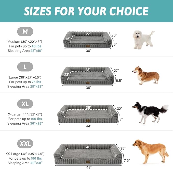 Cute Dog Bed for Large Dogs, Faux Rabbit Fur Orthopedic Foam Dog Bed with Sides, Removable Washable Cover & Waterproof Lining, Comfortable Pet Couch, Grey (44" L x 32" W x 7" Th)