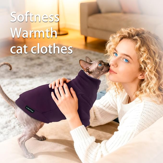 Fleece Sphynx Cat Clothes Soft Hairless Cat Clothes Pullover Cat Sweater for Chihuahua All Season Light and Warm Kitten Cloth Only Puppy Clothes Small Dog Sweater (Dark Purple, 2XL)