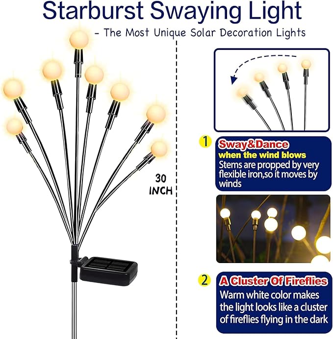 TONULAX Solar Garden Lights - Upgraded Solar Swaying Light, Sway by Wind, Outdoor Lights, Yard Patio Pathway Decoration, High Flexibility Iron Wire & Heavy Bulb Base, Warm White(2 Pack)