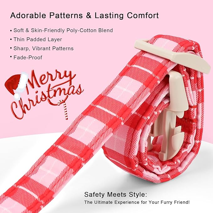 Plaid Dog Collar - Cute Red and Pink Plaid Puppy Collar with Safety Buckle, Soft Adjustable Holiday Dog Collars for Small Medium Large Dogs L