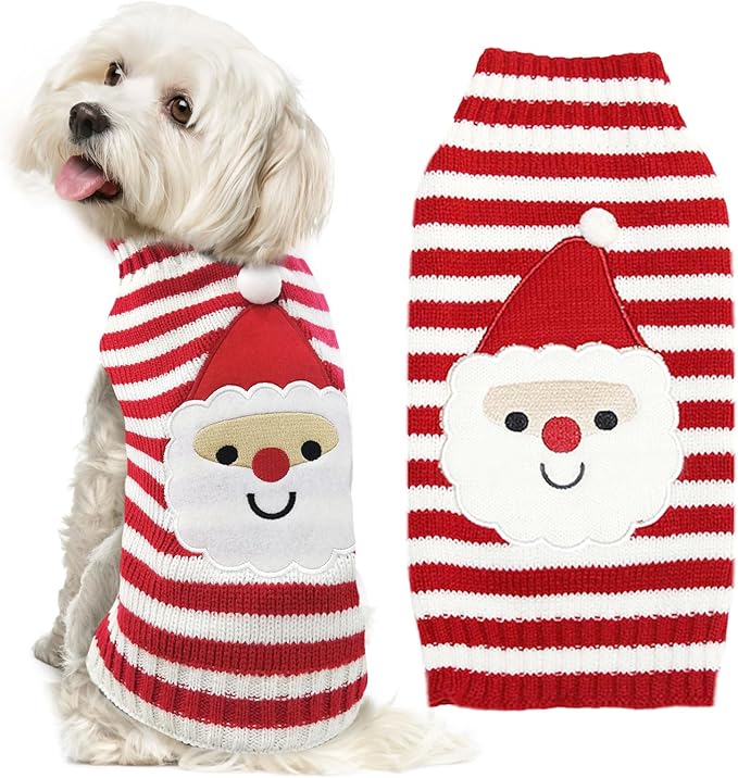 Dog Christmas Sweater Xmas Pet Clothes Cute Striped Santa Claus Costume Holiday Puppy Cat Jumpers Outfits New Year Gifts for Small Medium Large Dogs (XXS, Red White Stripe Santa Claus)