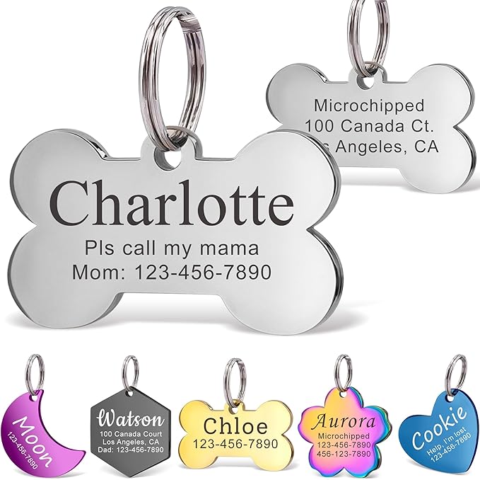 Anavia Personalized Pet ID Tags, Stainless Steel Glossy Laser Engraved Dog Cat Collar Name Tags, Multiple Colors Shapes Sizes (Bone, Small)
