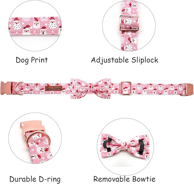 Dog Collar, Christmas Pink Santa Claus Cotton Pet Collar Bow Holiday Girl Boy Cute Puppy Collar Adjustable Pet Collar for Medium Dogs