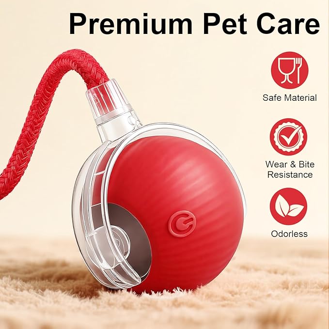 Interactive Electric Automatic Rolling Moving USB Rechargeable Self Activated Play Stimulation Toy Smart Chase Teaser Ball with Speedy Tail Rope for Bored Adult Indoor Cats and Dogs, Pink