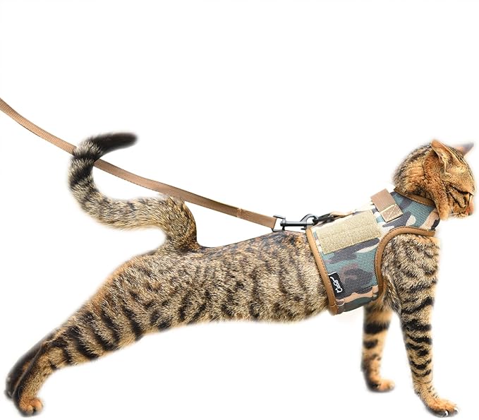 Tactical Cat Harness and Leash for Walking Escape Proof Breathable Mesh Fabric, Green Jungle Camo, Large, Adjustable Cat Walking Jackets, Padded Stylish Cat Vest
