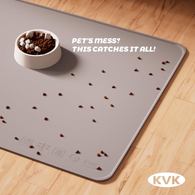 Extra Extra Large Silicone Dog Food Mat 39.4×43.3in and 128oz Silicone Bag Set, Super Size Waterproof Pet Feeding Mat & Container, Non-Slip, Chew-Resistant Floor Protection (Cool Grey&Teal)