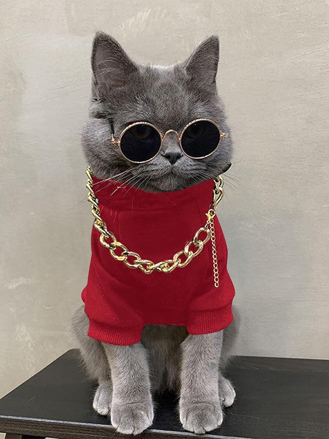 QWINEE 3Pcs Dog Hoodie Cat Apparel Dog Custume Set with Necklace and Sunglasses Pet Clothes for Puppy Small Medium Dogs Cats Red XL