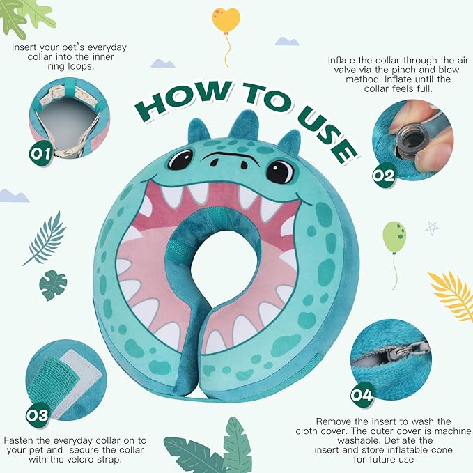 IEUUMLER Inflatable Recovery Dog Collar, Protective Donut Cone, Adjustable Soft Collar for Dog and Cat After Surgery Prevent from Biting & Scratching EU002 - Teal Dinosaur M
