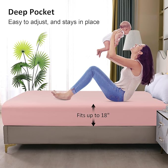 Waterproof Mattress Protector Queen, Fitted Sheet Style Breathable Mattress Cover with Deep Pocket Fits Up to 18'', Noiseless Bed Cover for Kids Adults Pets, Machine Washable (Pink, 60'' X 80'')
