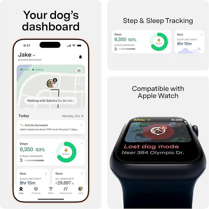 New Fi Series 3+ Smart Dog Tracker Collar [6 Month Membership Included] GPS Tracker for Dogs with Health & Behavior Monitoring, Escape Alerts, Waterproof, LED, Apple Watch Compatible (Gray, X-Small)