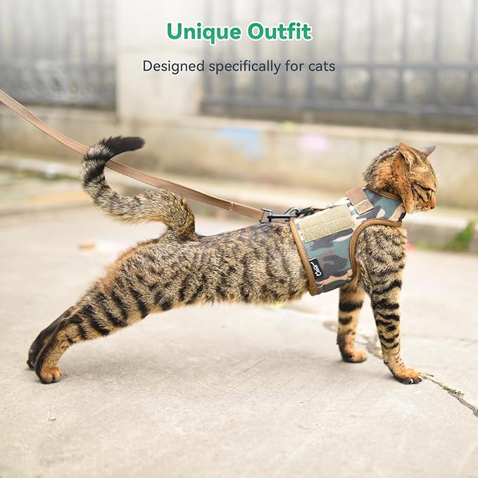 Tactical Cat Harness and Leash for Walking Escape Proof Breathable Mesh Fabric, Green Jungle Camo, X-Large, Adjustable Cat Walking Jackets, Padded Stylish Cat Vest